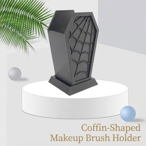Gothic Coffin Makeup Brush Holder Spider Web Bat Pattern Plastic Desktop Organizer Vanity Spooky Home Decor