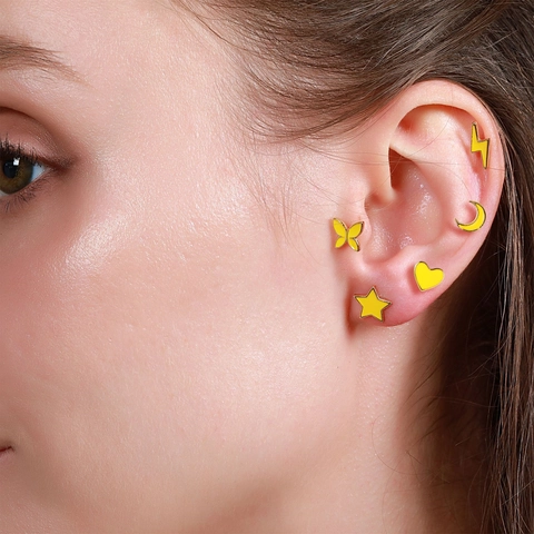 Colorful Enamel Cartilage Stud Earrings Brass Heart Star Moon Smiley For Women With Stainless Steel Post Screw Back Jewelry
