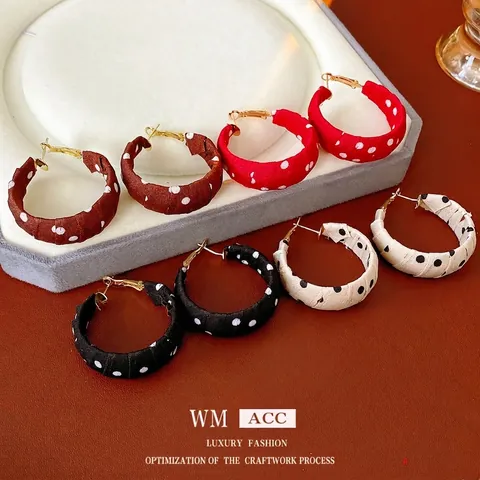 Retro Polka Dot Fabric Wrapped Hoop Earrings Fashion Niche Wide Alloy Jewelry With Silver Earring Post For Women