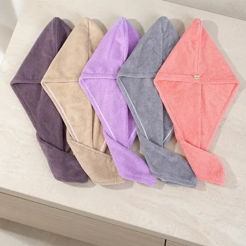 Thickened Coral Fleece Hair Drying Cap Super Absorbent Quick Drying Soft Hair Towel Wrap With Cute Button Closure