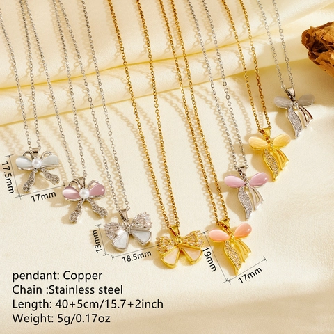 Bowknot Pendant Necklace 304 Stainless Steel Chain Copper With Zircon And Cat Eye Stone Sweet Elegant Jewelry For Women