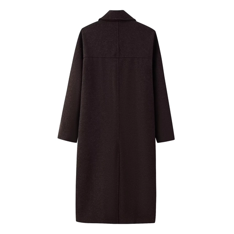 Women Double Breasted Woolen Blend Coat Notch Lapel Long Sleeve Mid Length Casual Elegant Solid Coffee Outerwear Jacket