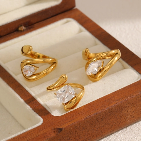 Verstelbare Open Ringen 304 Roestvrij Staal Met Zirkonia Steenen Elegante Vergulde Sieraden Voor Vrouwen Cadeau