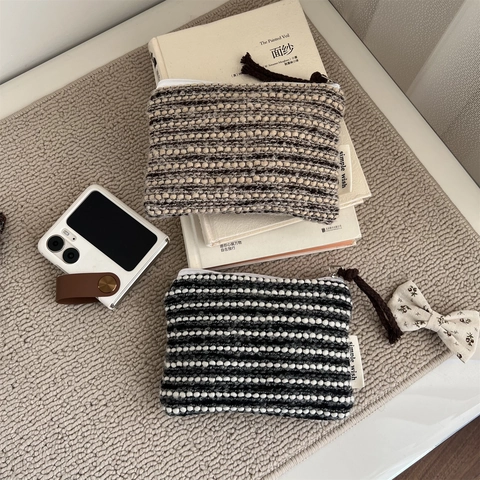 Mini Woolen Coin Purse Retro Plaid Striped Tweed Zipper Pouch Small Cosmetic Lipstick Storage Bag For Women
