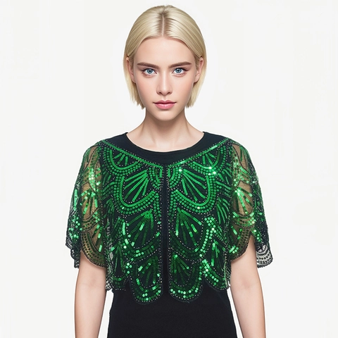 Damen Vintage Pailletten Schal Perlenbesetzt Mesh Abend Capelet Elegant Kurz Cape Brautwickel Für Hochzeit Party Abendkleid