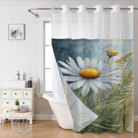 Shower Curtain And Bathroom Mat Waterproof Polyester Waffle Weave Hookless With Removable Liner Magnetic Hem Floral Forest Modern