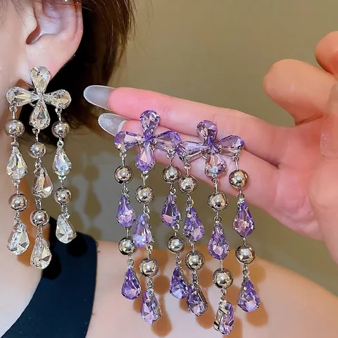 Rhinestone Tassel Drop Earrings With Silver Earring Post Flower Star Teardrop Crystal Elegant Luxury Jewelry For Women