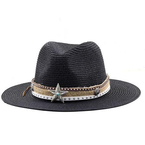 Woven Paper Straw Fedora Hat Wide Brim Bohemian Western Cowboy Style With Metal Star Turquoise Sun Protection For Women Men