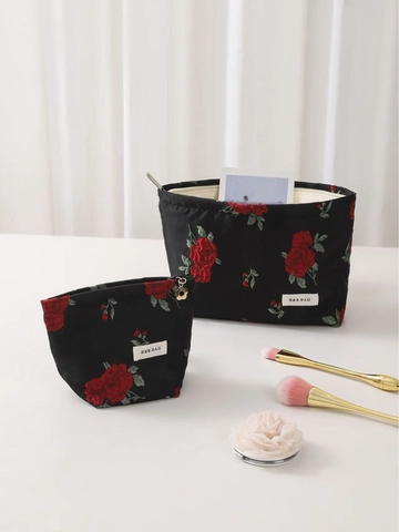 Vintage Rose Jacquard Cosmetic Bag For Women Portable Makeup Storage Pouch Travel Toiletry Case Zippered Elegant