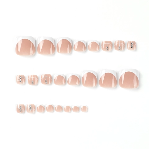 French Tip Press On Toe Nails Nude Pink With White Rhinestones Square Short False Nails For Women Summer Pedicure