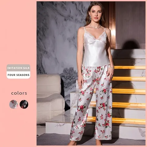 Damen Schlafanzug Cami Top Und Hose Satinnimitat Spitzenbesatz V-Ausschnitt Blumendruck Loungewear Nachtwäsche