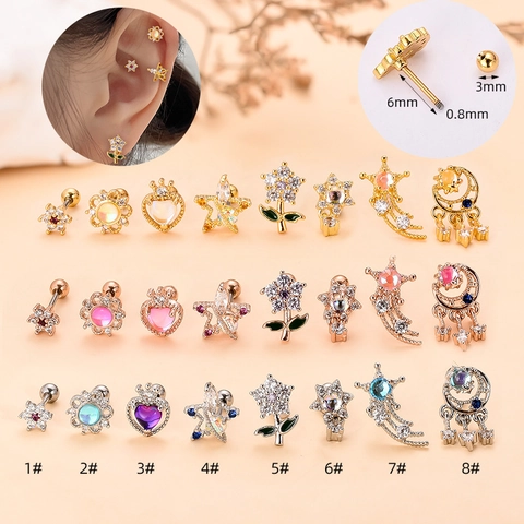 Pendientes Piercing Cartílago Poste Acero Inoxidable Cobre Circón Estrella Flor Corazón Luna Joyería Elegante Para Mujeres