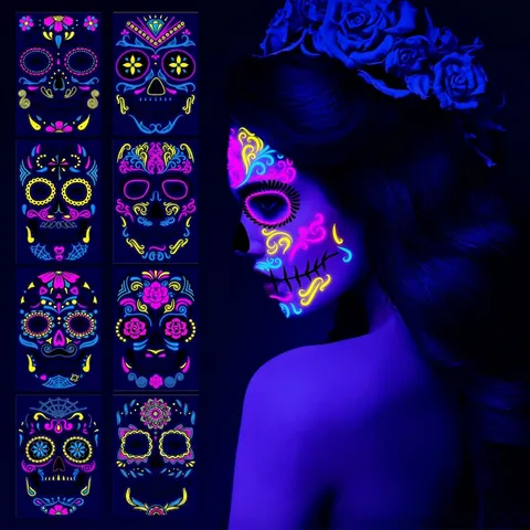 Halloween Fluoreszierende Gesichts Tattoo Aufkleber UV Reaktiv Sugar Skull Wasserdicht Party Make-up Decals