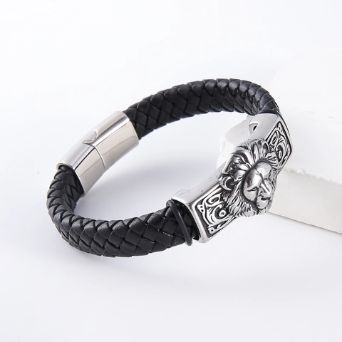 Bracciale Da Uomo In Pelle Intrecciata Con Testa Di Leone In Acciaio Inossidabile 304 Chiusura Magnetica Gioielli Punk