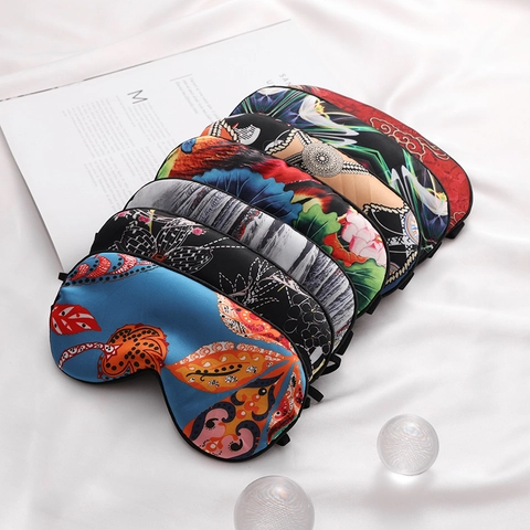 Sleep Eye Mask Faux Satin Printed Blackout Breathable Soft Shading Cover For Travel Nap Adjustable Elastic Strap