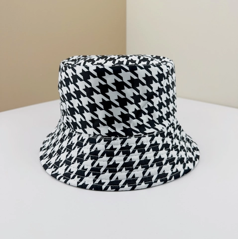 Omkeerbare Vissershoed Met Houndstooth Patroon Katoen Polyester Zonbescherming Outdoor Vintage Mode Vrouwen Mannen
