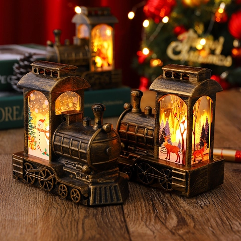 Lanterna Del Treno Di Natale Luce LED Retro Bronzo PVC Ornamento Decorativo Babbo Natale Pupazzo Di Neve Renna Lampada Notte