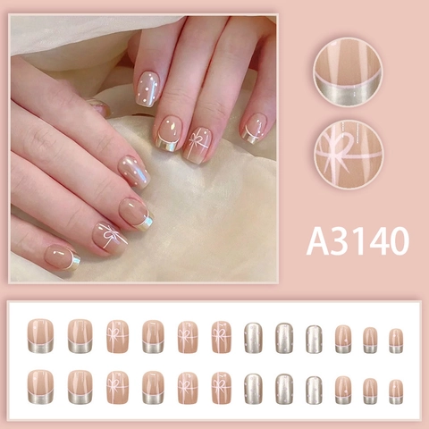 French Nude Pink Press On Nails Short Square Artificial False Nails With Bowknot Polka Dot Pattern Sweet Elegant For Women