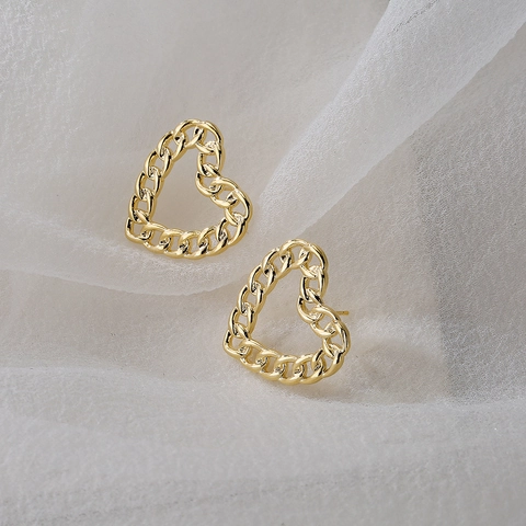 Orecchini A Lobo Cuore Vuoto Con Perno In Argento 925 Rame Placcato Oro 18K Trama Catena Stile Retrò Donna