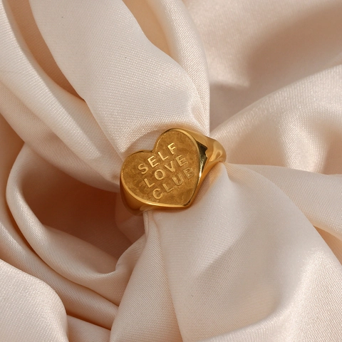 Anillo De Sello Corazón Acero Inoxidable Chapado En Oro Grabado Self Love Club Joyería De Moda Para Mujer