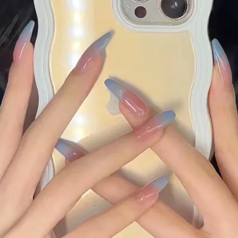 Long Coffin Press On Nails ABS Plastic Pink Blue Gradient Glossy Ballerina False Nails Elegant Manicure For Women