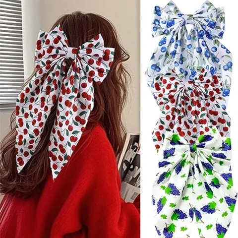 Süße Frucht Druck Stoff Bogen Haarspange Mit Langem Band Süße Kirsche Erdbeere Muster Handgemachte Damen Haarnadel Zubehör
