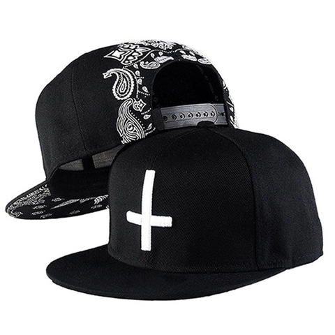 Hip-Hop Baseball Cap Mit Flachem Schirm Schwarz Polyester Kreuzbestickung Und Paisley-Muster Verstellbarer Snapback