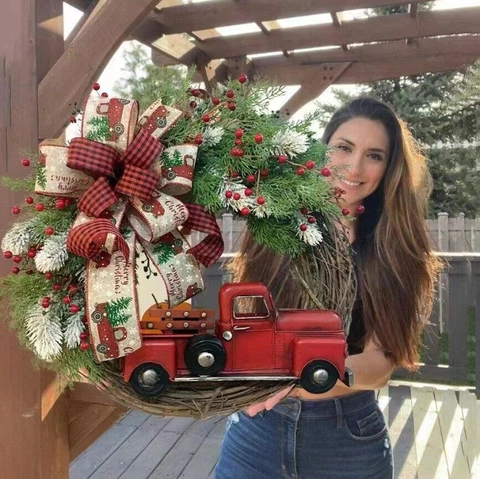 Christmas Wreath Vintage Red Truck Red Plaid Ribbon Bow And Berries For Front Door Farmhouse Holiday Decoration