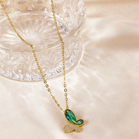 Butterfly Pendant Necklace Stainless Steel Mother Of Artificial Pearl Zirconia Gold Plated Elegant Fashion Jewelry For Women