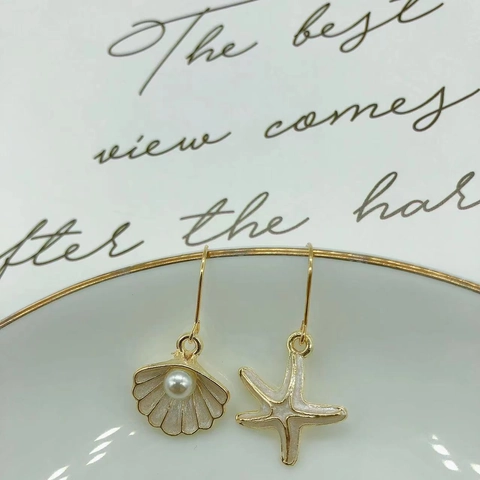 Asymmetrische Oceaan Zeester Schelp Kunstparel Emaille Koperen Oorbellen Voor Dames Frisse Marine Stijl Sieraden