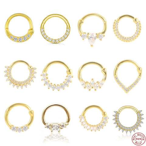 925 Sterling Silver Nose Ring Septum Clicker Women Hinged Cartilage Earring Piercing Jewelry Inlaid Zirconia Gold Plated