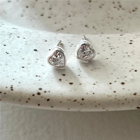 Heart Stud Earrings With 925 Sterling Silver Earring Post Colorful Cubic Zirconia Minimalist Sweet Style For Women