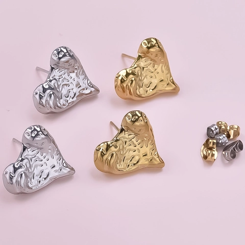 Irregular Heart Stud Earrings For Women Stainless Steel Hammered Texture Lava Design 18K Gold Plated Minimalist Fashion Jewelry