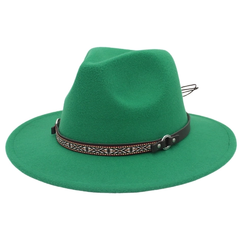 Fedora Hat Woolen Wide Brim Ethnic Geometric Band Leather Metal Buckle Retro Jazz Hat Unisex