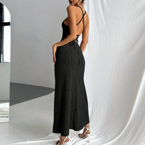 Women Black Sexy Backless Knitted Maxi Dress Strappy Lace-Up Slim Fit Raised Lattice Texture Elegant Minimalist Dress