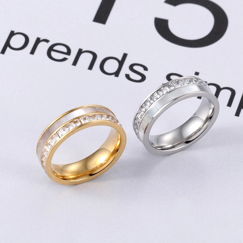 Fashion Wide Face Gold Plated Stainless Steel Ring With Mother Of Artificial Pearl And Cubic Zirconia Modern Jewelry For Women