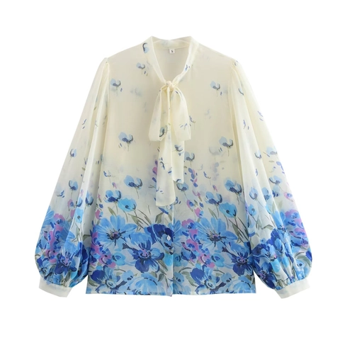 Damen Schiffon Bluse Blumenmuster Schluppenkragen Laternenärmel Elegant Süßes Hemd