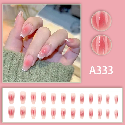 Coffin Press On Nails Blush Pink Farbverlauf Herz Design Glänzende Lange Ballett Künstliche Fingernägel Für Damen
