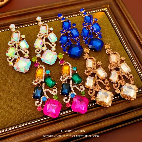 Orecchini Pendenti Stile Corte Vintage Lega Rhinestone Cristallo Lusso Geometrico Accessori Donna Silver Earring Post