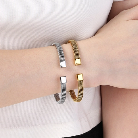 Brazalete Abierto De Malla Tejida De Acero Inoxidable Chapado En Oro 18K Milanés Ajustable Joyería Para Mujer