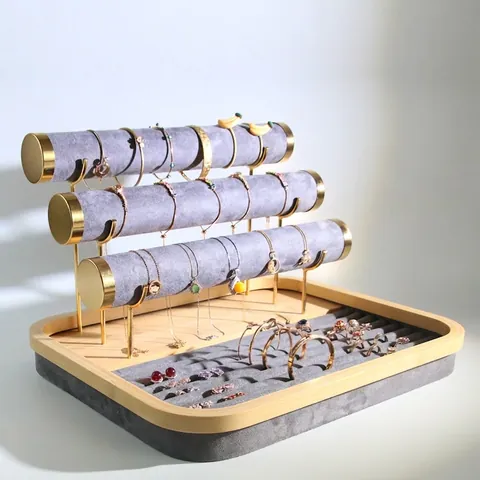 Jewelry Display Stand Bamboo Wood Velvet Tiered Rack Holder For Necklace Bracelet Ring Earrings Storage Organizer