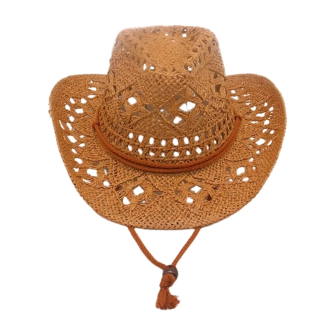 Western Style Hollow Out Straw Cowboy Hat Wide Brim Breathable Sun Protection Beach Hat With Adjustable Chin Strap