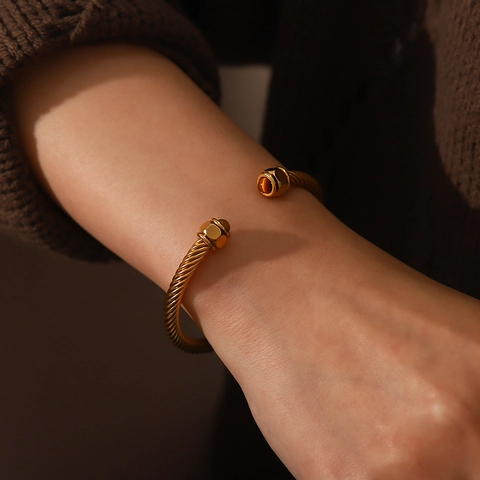 Open Cuff Bracelet Stainless Steel Twisted Cable Design With Natural Stone Inset Retro Gold Plated Jewelry For Women