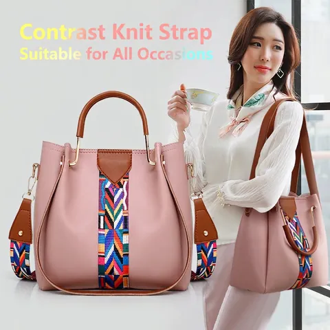 Women Bag Set PU Leather Ethnic Geometric Woven Wide Strap Large Capacity Tote Handbag Crossbody Bag Wallet