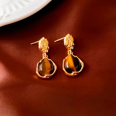 Vintage Water Drop Earrings Natural Tiger Eye Gemstone With Silver Earring Post Retro French Luxury Style Women Jewelry