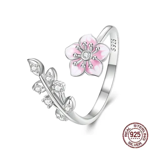 S925 Sterling Silver Sakura Open Ring For Women Pink Enamel Flower Zirconia Inlaid Adjustable Floral Branch Finger Jewelry