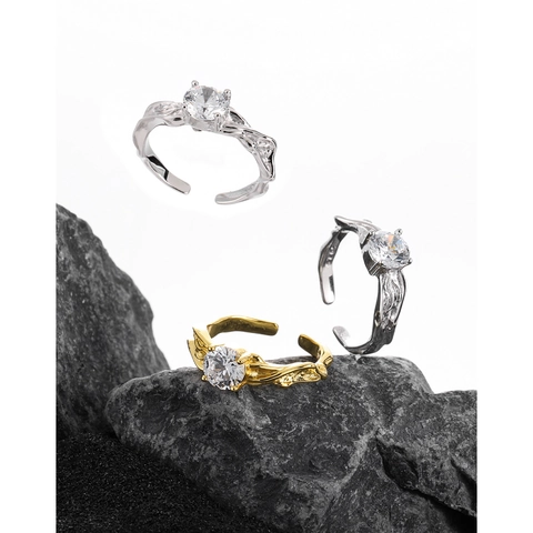 925 Sterling Silver Irregular Texture Rhinestone Open Ring Individual Ins Style Adjustable Finger Ring For Women Jewelry
