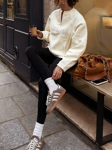Damen Sweatshirt Mit Halbem Reißverschluss Polyester Spandex Sunday Club Buchstabendruck Stehkragen Lockerer Top