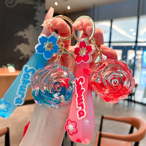 Rose Flower Quicksand Keychain Dimensional Acrylic Liquid Sequins Bag Charm With Sakura Silicone Strap For Women Girls