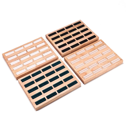 Wood Ring Display Tray Jewelry Organizer Multi Slot Velvet Lining For Earring Studs Professional Presentation Storage Showcase